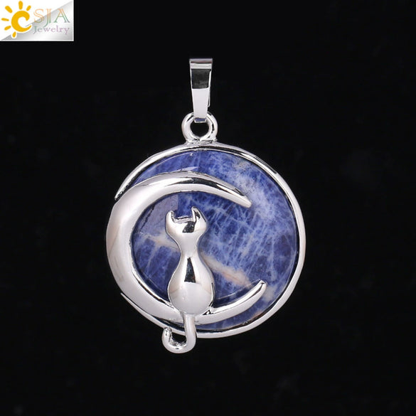 Natural Stone Kitten And Moon Pendant Hollow Back Alloy Crystal Necklace Pendant Minimalist Animal Jewelry For Women