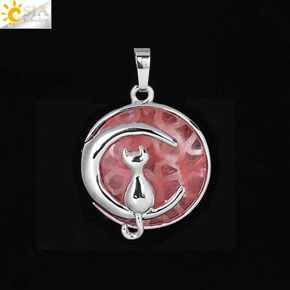 Natural Stone Kitten And Moon Pendant Hollow Back Alloy Crystal Necklace Pendant Minimalist Animal Jewelry For Women