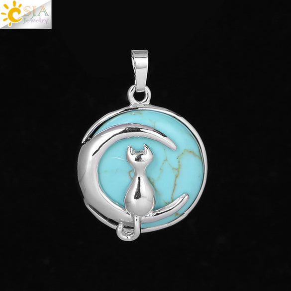 Natural Stone Kitten And Moon Pendant Hollow Back Alloy Crystal Necklace Pendant Minimalist Animal Jewelry For Women