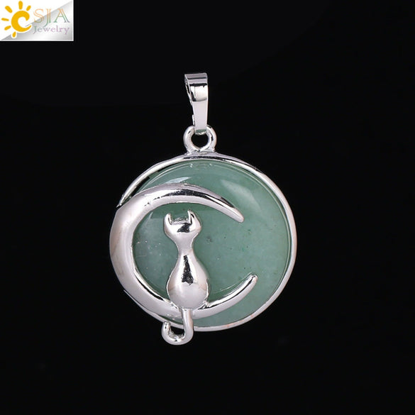 Natural Stone Kitten And Moon Pendant Hollow Back Alloy Crystal Necklace Pendant Minimalist Animal Jewelry For Women