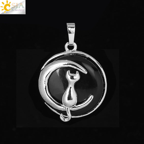 Natural Stone Kitten And Moon Pendant Hollow Back Alloy Crystal Necklace Pendant Minimalist Animal Jewelry For Women