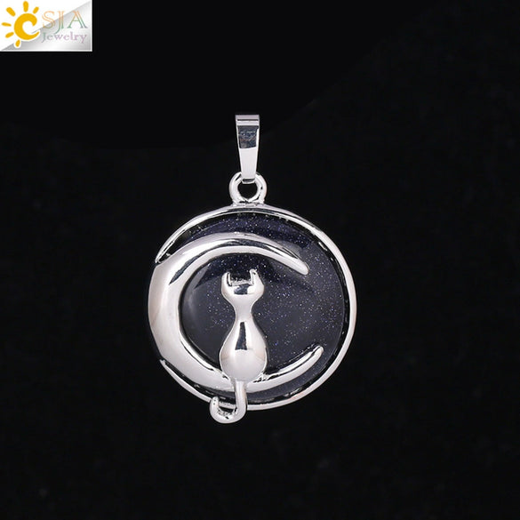 Natural Stone Kitten And Moon Pendant Hollow Back Alloy Crystal Necklace Pendant Minimalist Animal Jewelry For Women