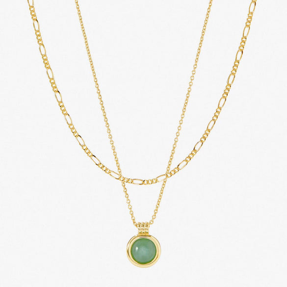 Natural Stone Necklace Green Aventurine Copper Geometric Style Doublelayered Figaro Chain 24K Real Gold