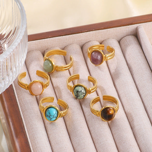 Natural Stone Open Stainless Steel Ring With Geometric Pattern Retro Style Non Fading Electroplated With 18K Vacuum Plating In Furnace Light Luxury For Women