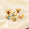 Natural Stone Open Stainless Steel Ring With Geometric Pattern Retro Style Non Fading Electroplated With 18K Vacuum Plating In Furnace Light Luxury For Women