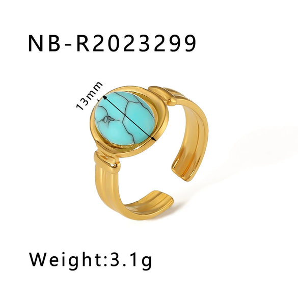 Natural Stone Open Stainless Steel Ring With Geometric Pattern Retro Style Non Fading Electroplated With 18K Vacuum Plating In Furnace Light Luxury For Women