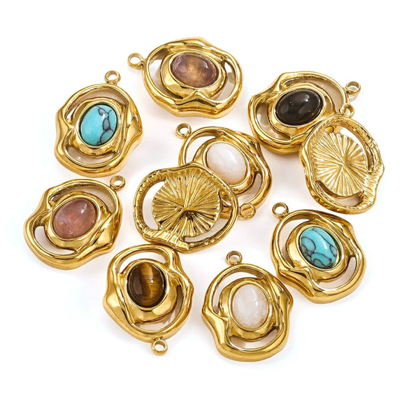 Natural Stone Oval Pendant Titanium Steel Plated 18K Real Gold Diy Hanging Card Accessories