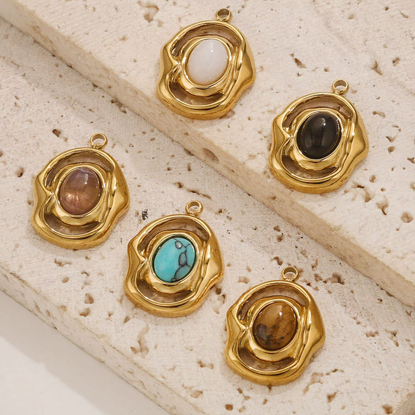 Natural Stone Oval Pendant Titanium Steel Plated 18K Real Gold Diy Hanging Card Accessories