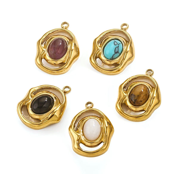 Natural Stone Oval Pendant Titanium Steel Plated 18K Real Gold Diy Hanging Card Accessories
