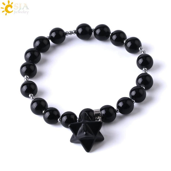 Natural Stone Pink Tiger Eye And Obsidian Merkaba Star Beaded Bracelet Polished Minimalist Women's Bracelet