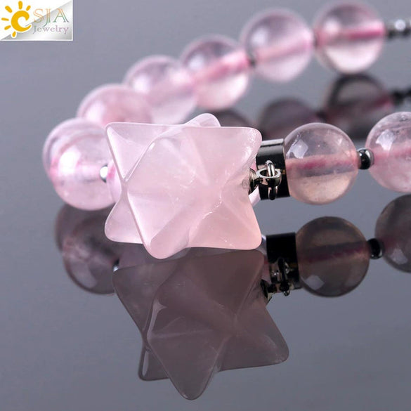 Natural Stone Pink Tiger Eye And Obsidian Merkaba Star Beaded Bracelet Polished Minimalist Women's Bracelet