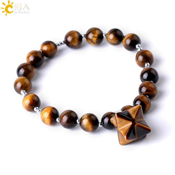 Natural Stone Pink Tiger Eye And Obsidian Merkaba Star Beaded Bracelet Polished Minimalist Women's Bracelet