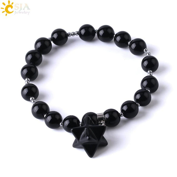 Natural Stone Pink Tiger Eye And Obsidian Merkaba Star Beaded Bracelet Polished Minimalist Women's Bracelet