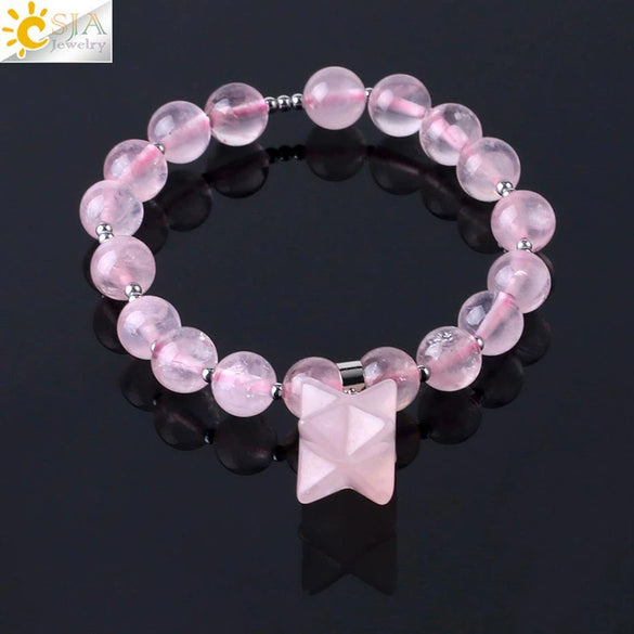 Natural Stone Pink Tiger Eye And Obsidian Merkaba Star Beaded Bracelet Polished Minimalist Women's Bracelet