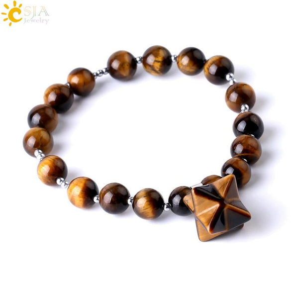 Natural Stone Pink Tiger Eye And Obsidian Merkaba Star Beaded Bracelet Polished Minimalist Women's Bracelet