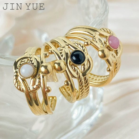 Natural Stone Ring Stainless Steel Geometric Electroplating Unisex Fashion