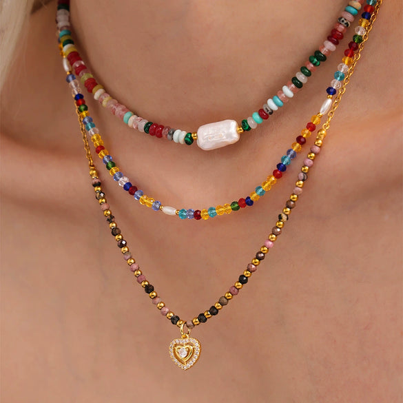 Natural Stone 316L Stainless Steel Love Collarbone Necklace And Bracelet With Gold Beads Electroplating For Women