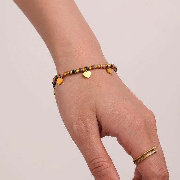 Natural Stone 316L Stainless Steel Love Collarbone Necklace And Bracelet With Gold Beads Electroplating For Women
