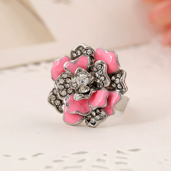 Natural Style Alloy Flower Ring With Diamond Look Rose Design Drop Oil Finish And Adjustable Open Band