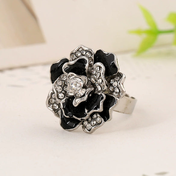 Natural Style Alloy Flower Ring With Diamond Look Rose Design Drop Oil Finish And Adjustable Open Band