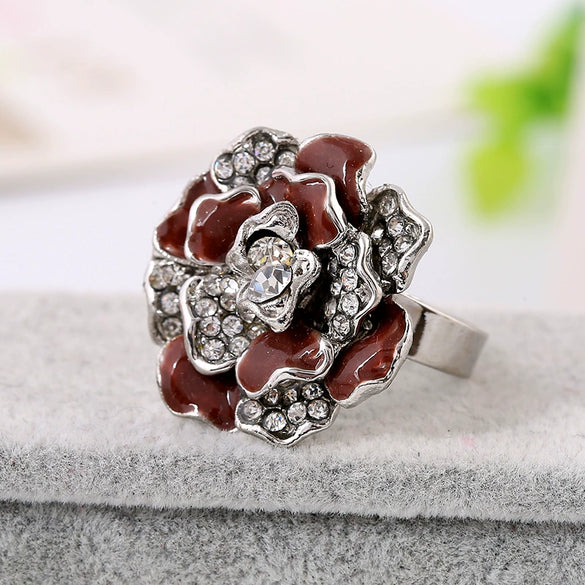 Natural Style Alloy Flower Ring With Diamond Look Rose Design Drop Oil Finish And Adjustable Open Band