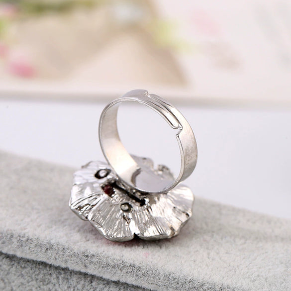 Natural Style Alloy Flower Ring With Diamond Look Rose Design Drop Oil Finish And Adjustable Open Band