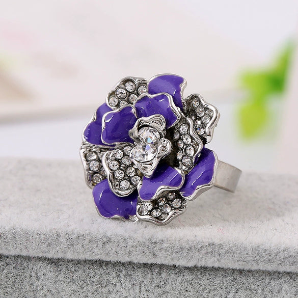 Natural Style Alloy Flower Ring With Diamond Look Rose Design Drop Oil Finish And Adjustable Open Band
