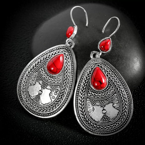 Natural Style Electroplated Metal Drop Earrings With Red Pine Gem Retro Court Inspired Statement Jewelry