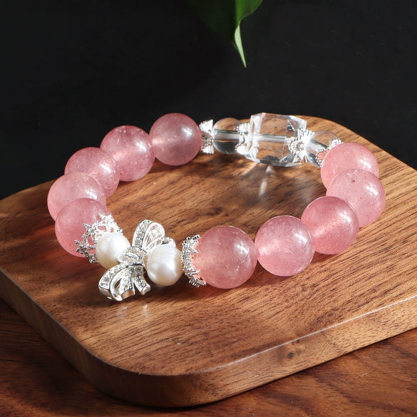 Natural Style Handmade Crystal And Freshwater Pearl Bracelet With Strawberry Crystal And Bow Design