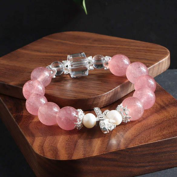 Natural Style Handmade Crystal And Freshwater Pearl Bracelet With Strawberry Crystal And Bow Design