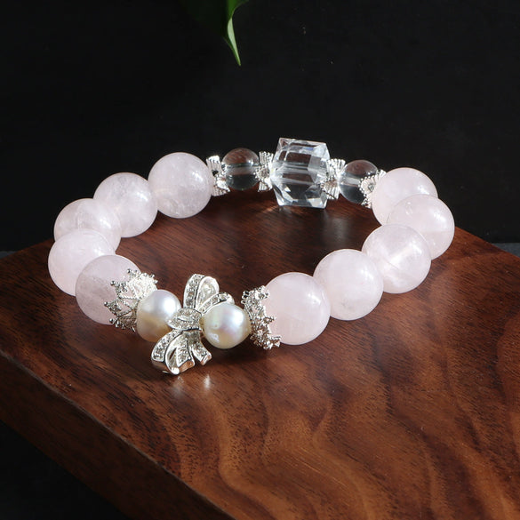 Natural Style Handmade Crystal And Freshwater Pearl Bracelet With Strawberry Crystal And Bow Design