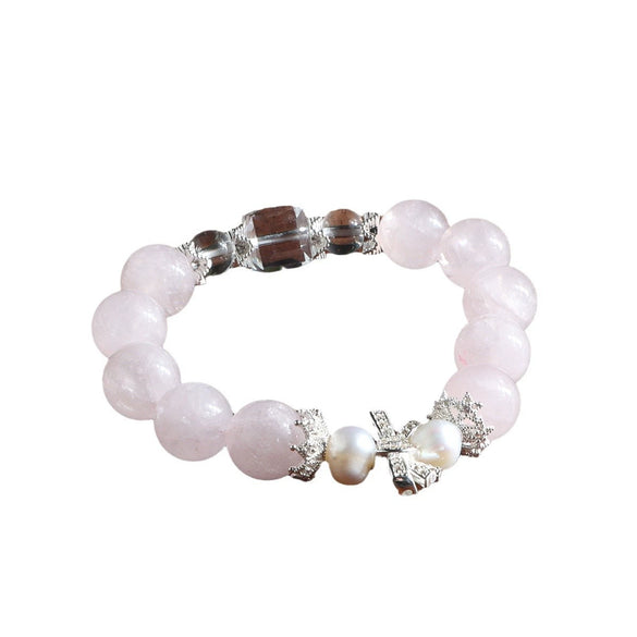 Natural Style Handmade Crystal And Freshwater Pearl Bracelet With Strawberry Crystal And Bow Design