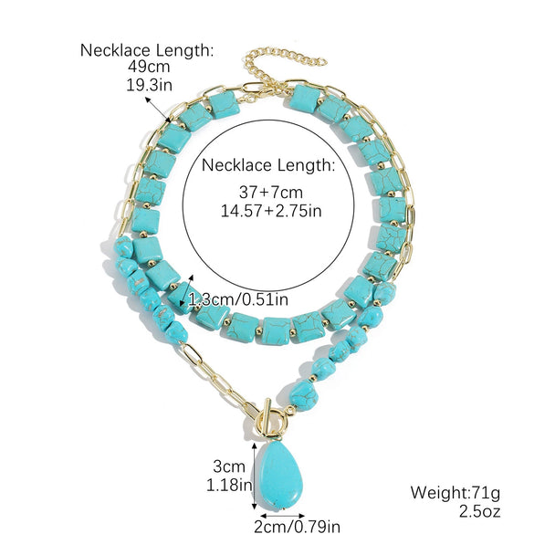 Natural Turquoise Beaded Jewelry Geometric Bohemian Style Double Layer Drop Pendant Necklace With Electroplating