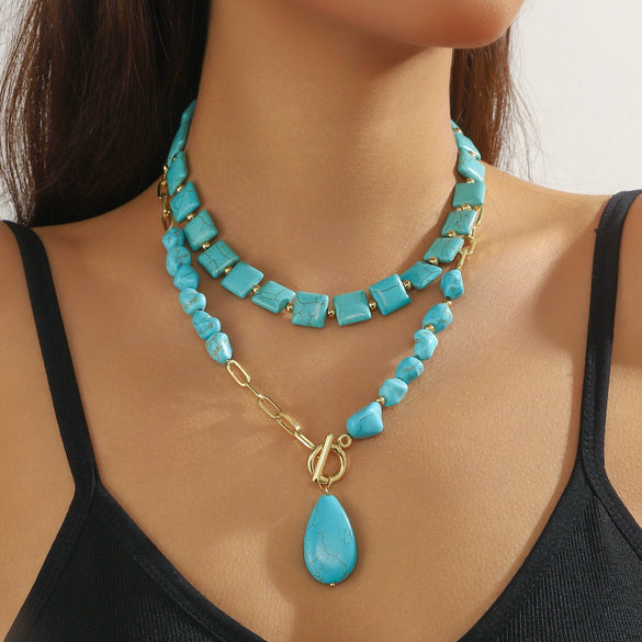 Natural Turquoise Beaded Jewelry Geometric Bohemian Style Double Layer Drop Pendant Necklace With Electroplating