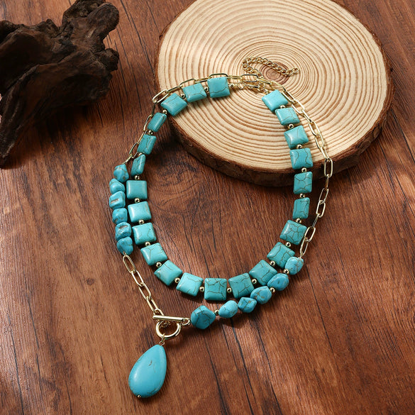 Natural Turquoise Beaded Jewelry Geometric Bohemian Style Double Layer Drop Pendant Necklace With Electroplating
