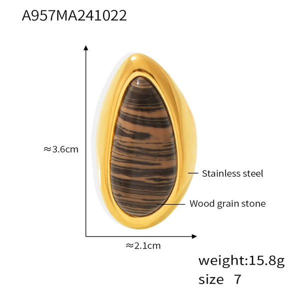 Natural Wood Grained Stone Drop Ring For Women Light Luxury Ring Jewelry Plated With 18K Real Gold Electroplated Stainless Steel