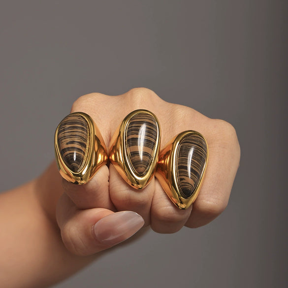 Natural Wood Grained Stone Drop Ring For Women Light Luxury Ring Jewelry Plated With 18K Real Gold Electroplated Stainless Steel