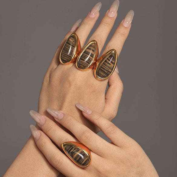 Natural Wood Grained Stone Drop Ring For Women Light Luxury Ring Jewelry Plated With 18K Real Gold Electroplated Stainless Steel