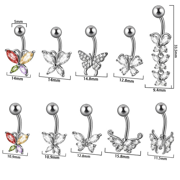 Navel Ring Copper Inlaid Zircon Stainless Steel Butterfly Style