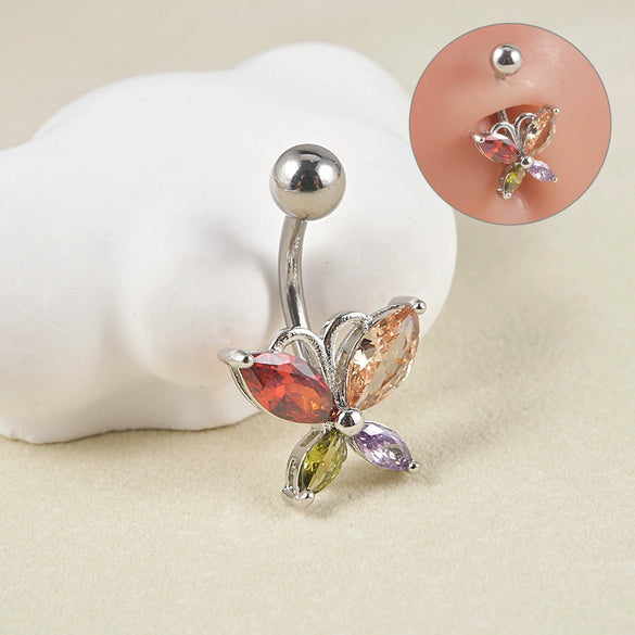 Navel Ring Copper Inlaid Zircon Stainless Steel Butterfly Style