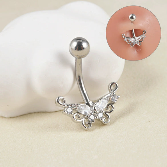 Navel Ring Copper Inlaid Zircon Stainless Steel Butterfly Style