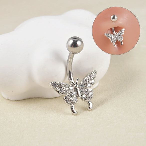 Navel Ring Copper Inlaid Zircon Stainless Steel Butterfly Style