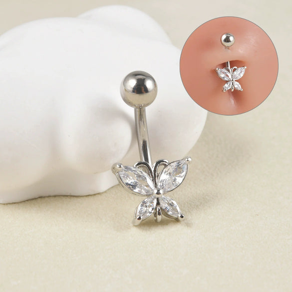 Navel Ring Copper Inlaid Zircon Stainless Steel Butterfly Style