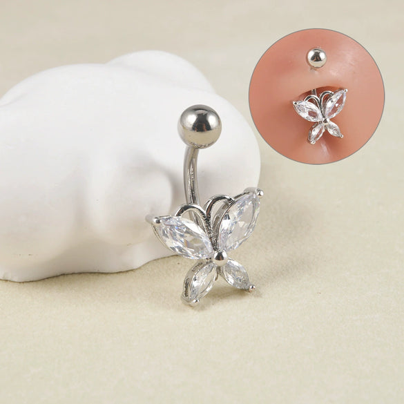 Navel Ring Copper Inlaid Zircon Stainless Steel Butterfly Style