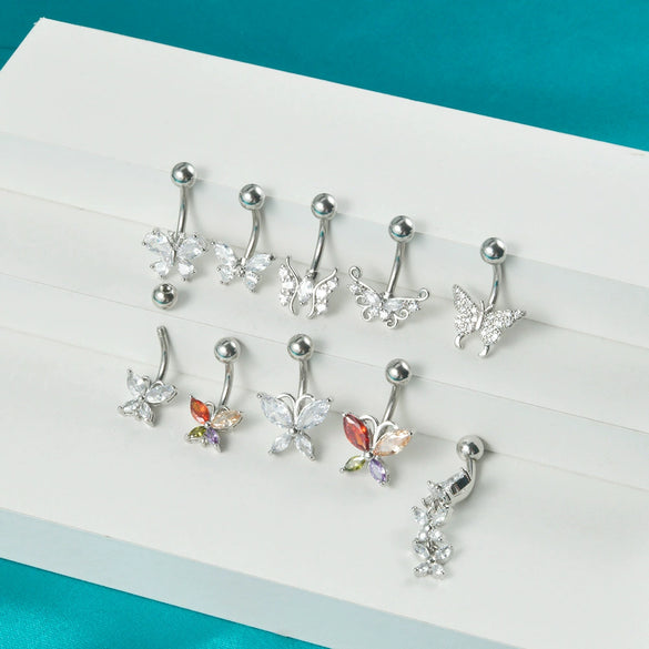 Navel Ring Copper Inlaid Zircon Stainless Steel Butterfly Style