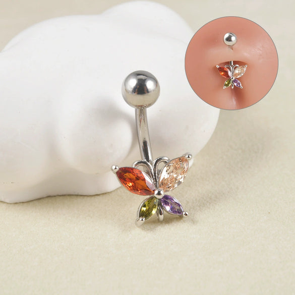 Navel Ring Copper Inlaid Zircon Stainless Steel Butterfly Style