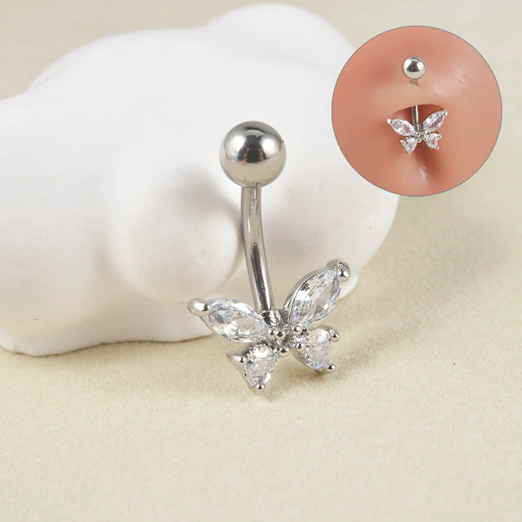 Navel Ring Copper Inlaid Zircon Stainless Steel Butterfly Style