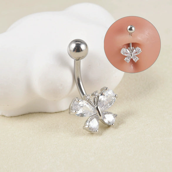 Navel Ring Copper Inlaid Zircon Stainless Steel Butterfly Style