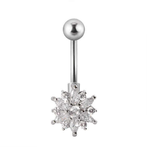 Navel Ring Stainless Steel Copper Inlaid Zircon Heart Shaped Flower Unisex Fashion Piercing Ornament