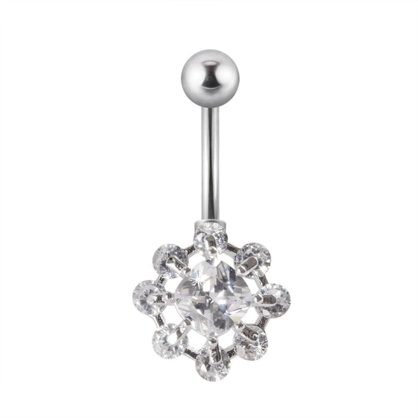 Navel Ring Stainless Steel Copper Inlaid Zircon Heart Shaped Flower Unisex Fashion Piercing Ornament